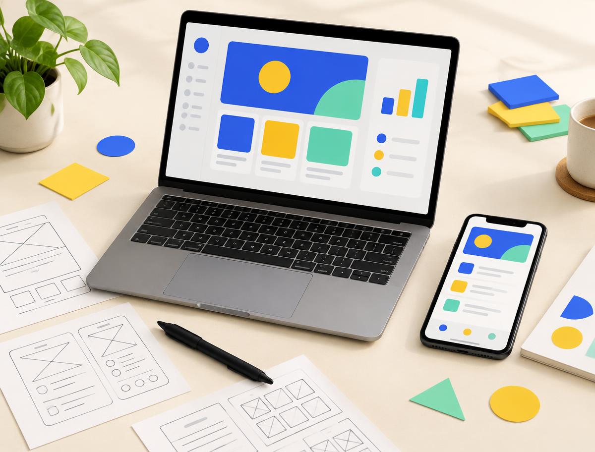 Laptop, phone, and wireframes representing practical digital execution